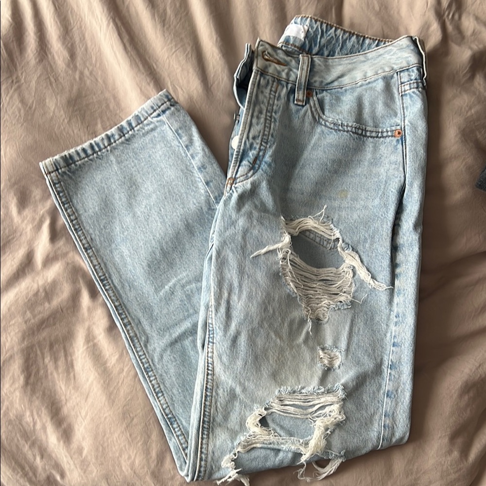 GARAGE Ripped Straight Leg Light Wash Jeans